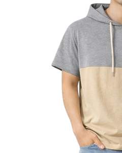 Camiseta con Capucha de Manga Corta para Hombre, Estilo Casual, Bloques de Color, Sudadera con Capucha, Algodón Suave, Gris Beige, Moda Urbana de Verano, Holgada - Product Image 3
