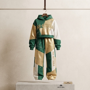 <b>Womens</b> Green Gold <b>White</b> Patchwork Hoodie Tracksuit Set Rhinestone Wide Leg Pants Custom Streetwear Outfit Stylewear - Product Image 4