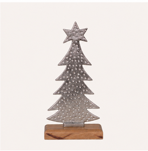 Modern Silver Aluminum Handcrafted Christmas Tree Sculpture With Solid Wooden Base Hammered Metal Tabletop Holiday <b>Decoration</b> - Product Image 3