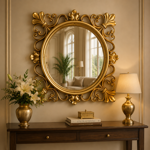 Regalia Crest Wooden Carving Wall Mirror Handcrafted Decorative Accent <b>Frame</b> Premium Vanity Dressing Mirror for Luxury Homes - Product Image 3