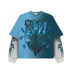 T-shirt à manches longues pour homme, col rond, double couche, imprimé graphique, effet délavé, surdimensionné, logo personnalisé, vintage, 100% coton - Product Image 1