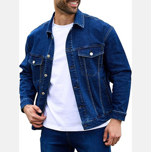 Veste en jean bleu classique pour homme, col rabattu décontracté, boutons sur le devant, couleur unie, coton lavé, coupe classique, style automne - Product Image 1