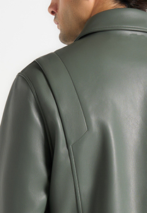 Men's Green PU Leather <b>Bomber</b> <b>Jacket</b> Turn-Down Collar Zipper Closure Casual Style Autumn Wear - Product Image 5