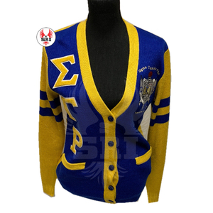 เสื้อสเวตเตอร์ถักไหมพรมสำหรับผู้หญิง Sigma Gamma Rho แบบสั่งทำพิเศษ OEM ODM ประดับมุก  แบบถักลายโปร่ง สีน้ำเงินรอยัลและสีขาว - Product Image 5