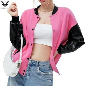 Blouson universitaire rose et noir pour femme 2026, manches contrastantes en cuir PU, fermeture boutonnée, coupe décontractée, idéal pour l'automne - Product Image 6