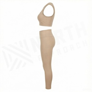 Ensemble de yoga sans couture pour femmes, haut en maille beige à col rond, leggings taille haute longueur intégrale - Product Image 3