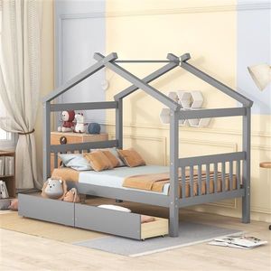 Twin Size Wooden <b>House</b> <b>Bed</b> with Drawers Gray for Kids - Product Image 1