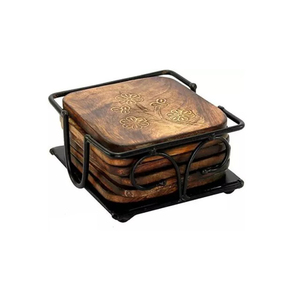 Ensemble de 6 dessous-de-verre en bois massif, design personnalisé, ronds, faits à la main, avec support de rangement, vaisselle décorative pour hôtel - Product Image 3