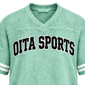 T-shirt de sport rayé vert menthe léger en jersey tricoté à col en V et manches courtes, personnalisable, pour tenue décontractée ou uniforme d'équipe, vente en gros - Product Image 3