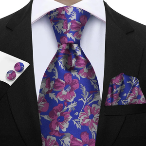 Conjunto de Corbata Floral Premium de 3 Piezas - Corbata de Poliéster Seda, Pañuelo de Bolsillo y Gemelos - Elegante para Bodas y Ocasiones Formales - Product Image 5