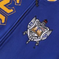 Jaket Fleece Varsity Biru Premium Sigma Gamma Rho Bordir Chenille Pakaian Sororitas Yunani Wanita