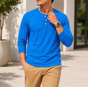 เสื้อเชิ้ตแขนยาวสีน้ำเงินสำหรับผู้ชาย ทรงปกติ ผ้าถัก สวมใส่สบาย 100% ผ้าฝ้าย ODM ย้อมสีพื้น เป็นมิตรกับสิ่งแวดล้อม ระบายอากาศได้ดี - Product Image 2