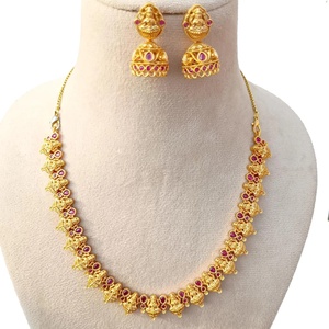 Goddess Lakshmi <b>Ruby</b> Bezel Setting <b>Necklace</b> Set 22K Gold Plated Engagement Anniversary South Indian Temple Jewelry Vintage - Product Image 3