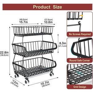 Carrito de Almacenamiento Rodante de 3 Niveles con Ruedas, Organizador de Cocina Apilable de Alambre, Estantes para Refrigerios, Cesta para Frutas - Product Image 2