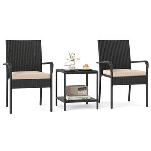 Set Bistrot da Giardino in Ferro Beige con Sedie in Vimini PE Resistente alle Intemperie e Tavolino Laterale in Vetro a 2 Ripiani - Product Image 1