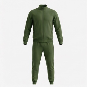 Ensemble de survêtement 2 pièces pour homme, vert olive, col montant, manches longues, fermeture éclair, coton, vêtements de sport décontractés avec poches latérales - Product Image 6