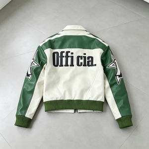 Blouson de moto imperméable en cuir PU pour homme TITAN TREAD WEAR, vert et blanc, avec fermeture éclair sur le devant et imprimé lettres, style motard - Product Image 2