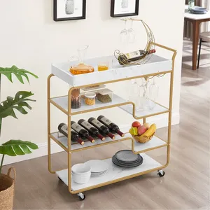Modern Gold Metal Bar Cart with Marble Top Multi Tier Rolling Serving Trolley for Party and Home Use - Product Image 5