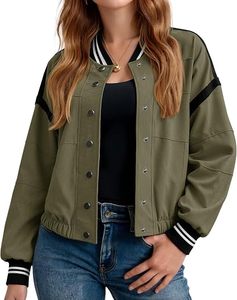 Chaqueta Bomber Verde Oliva para Mujer, Color Sólido, Ribete en Contraste, Cierre de Botones, Estilo Deportivo, Ropa Casual de Otoño - Product Image 2