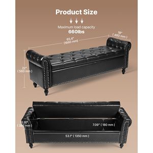 Panca contenitore moderna con bottoni trapuntati e braccioli arrotolati in pelle PU, gambe in legno massello, ideale per ingresso o come panca porta scarpe per la casa - Product Image 2