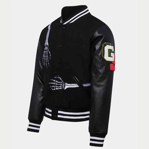 Chaqueta Bomber Gótica Negra de Alta Gama con Diseño Personalizado de Esqueleto y Mangas de Cuero Premium al por Mayor - Product Image 3