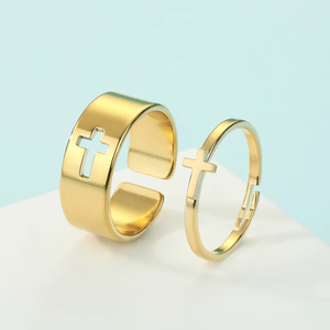 Bagues de couple croix gothique de designer en acier inoxydable plaqué or, bijoux religieux tendance, bagues de Pâques pour les amoureux - Product Image 2