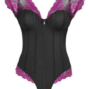 Women's Black Velvet Bodysuit With Purple Lace Trim Ruffle Sleeve Sexy Shapewear Body Shaper One Piece Lingerie - Product Image 3