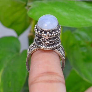 Bague en pierre de lune, argent sterling 925, style vintage, pierre de lune arc-en-ciel naturelle, bijoux de mariage - Product Image 4