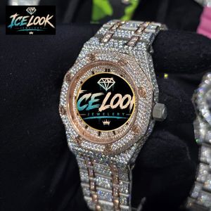 Montre de luxe pour homme Ice Look en acier inoxydable, cadran rond de 43 mm, mouvement à quartz analogique, cristal saphir lumineux, fermoir pliant - Product Image 4