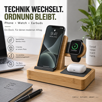 Organisateur de bureau moderne en bambou modulaire 3-en-1, compatible avec la recharge de téléphone, montre et écouteurs, écologique, avec chargeur remplaçable