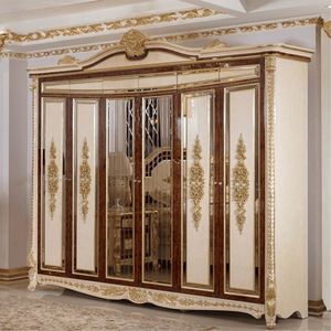 Armario Clásico Francés de Alta Gama, Ecológico, de Madera de Caoba en Tono Nogal, con Tallado en Hoja de Oro y Puerta con Espejo, para Dormitorio de Lujo - Product Image 1