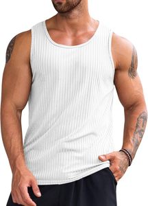 Camiseta sin mangas para hombre, diseño acanalado a rayas, cuello redondo, tejido transpirable, informal, mezcla de algodón y spandex. - Product Image 3