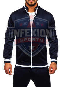 Men's Navy Blue Full Sleeve Zipper Tracksuit <b>Jacket</b> With <b>White</b> Trim And Front Print Sporty Design For Autumn Wear - Product Image 1