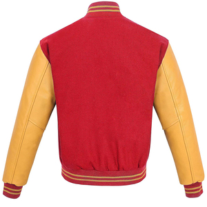 Men's <b>Red</b> And Yellow Varsity Jacket With Leather Sleeves Stand Collar Casual Style Autumn Wear - Product Image 3