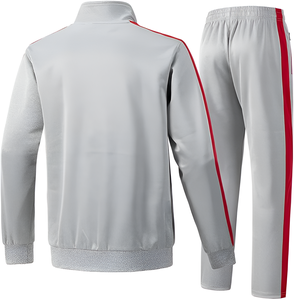 Men's Gray Red Stripe Tracksuit Set Full <b>Zip</b> Stand Collar Sweatshirt With Side <b>Pockets</b> And Matching <b>Joggers</b> Sporty Autumn Style - Product Image 4