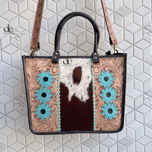 Western Pattern Cowhide Fur Tote Bag Stylish Leather Purse Hair on Hide Carving Hand Tooled Bags for Women's Multi Use - Product Image 1