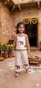 Girls Cambric Cotton Sleeveless Coord Set Floral Elephant Patch Outfit With Lace Border And Hair <b>Bow</b> <b>Gift</b> For Kids 0 To 5 Years - Product Image 3
