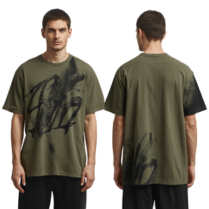 T-shirt en coton surdimensionné pour homme, de qualité supérieure, couleur olive, effet délavé, avec motif graphique, vêtement décontracté et tendance, poids lourd, qualité premium - Product Image 1