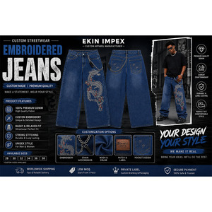 Custom <b>Embroidered</b> Dragon Baggy <b>Jeans</b> Men Wide Leg Streetwear Denim Pants Y2K Hip Hop <b>Jeans</b> - Product Image 6