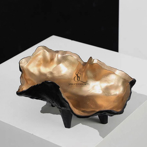 Luxury <b>Black</b> Gold Pedestal Tray Bowl, Abstract Metal Textured Decorative Dish Centerpiece For Modern Home Decor And Hotels - Product Image 1