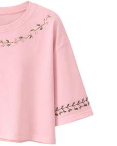 เสื้อยืดครอปผู้หญิงสีชมพูอ่อน ปักลายดอกไม้ แขนสั้น สไตล์ลำลอง แฟชั่น ผ้าคอตตอนผสม เนื้อนุ่ม เสื้อผู้หญิงสำหรับฤดูร้อน ขายส่ง - Product Image 4