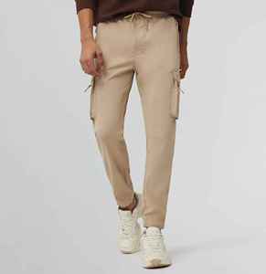 Pantalon de survêtement cargo beige pour homme, taille élastique avec cordon de serrage, plusieurs poches, décontracté, pour l'automne, en coton mi-lourd - Product Image 5