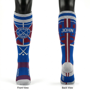 <b>Men</b> Field Hockey Sports <b>Socks</b> Premium 220 GSM Moisture Wicking Stretch Fabric Blue White Maroon Paneling Custom Knit Logo Design - Product Image 1