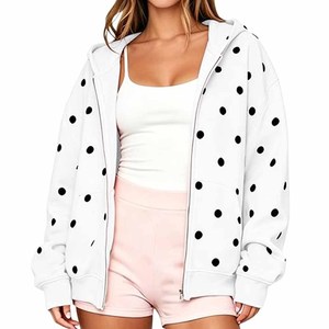 Sweat-shirt à capuche oversize en molleton de coton imprimé à pois marron pour femme, style décontracté et preppy, vente en gros - Product Image 1