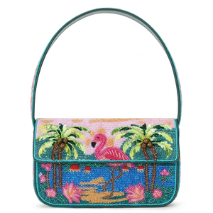 Handmade Flamingo Palm Tree Beaded <b>Shoulder</b> <b>Bag</b> <b>Women</b> Tropical Flap Evening Clutch Underarm Handbag Purse - Product Image 1