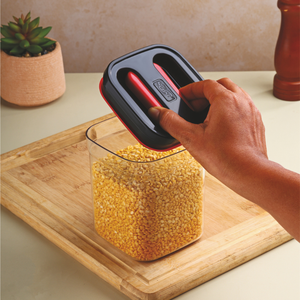 Clear Airtight Food <b>Storage</b> <b>Container</b> Set of 3 Square <b>Kitchen</b> Organizers with Black Red Lids for Pantry Countertop Grains Pulses - Product Image 5