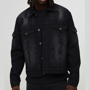 Veste en jean noire déchirée pour homme, style streetwear, fermeture boutonnée, tissu en coton, coupe classique, pour l'automne - Product Image 1