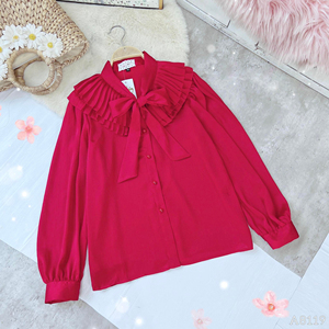 Chemisier de travail élégant pour femmes, col à nœud, col plissé, manches longues à volants, couleur unie, boutonnage frontal, pour le B2B (vente en gros) - Product Image 5