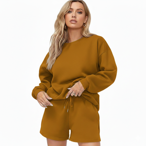 Ensemble sweat-shirt et short pour femme, bleu marine uni, col rond, coupe ample, manches longues, style décontracté, streetwear, vêtements de sport, OEM ODM, vente en gros - Product Image 3