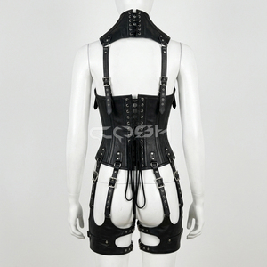 Corset en cuir noir à baleines en acier, style fétichiste et gothique, avec jarretières pour le cou et les cuisses - Product Image 2